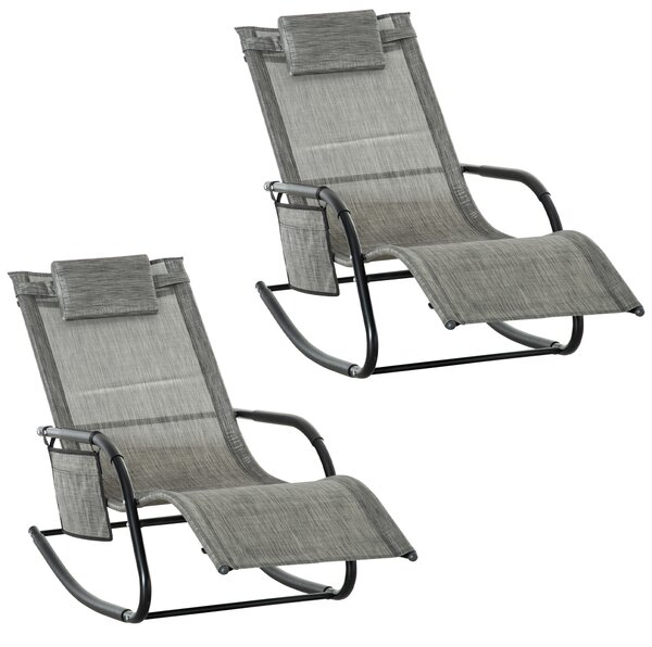 Outsunny 2Pcs Garden Rocking Chair, Patio Sun Lounger Rocker Chair w/ Breathable Mesh Fabric, Removable Headrest Pillow, Side Storage Bag, Dark Grey