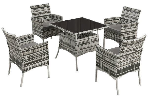 Outsunny Outdoor Dining Set 5 Pieces Patio Conservatory with Tempered Glass Tabletop, 4 Dining Armchairs - Grey