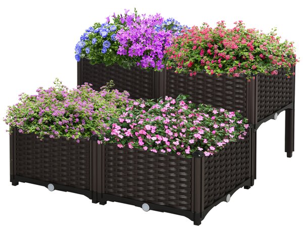 Outsunny Set of 4 Garden Raised Bed Elevated Patio Flower Plant Planter Box PP Vegetables Planting Container, Brown