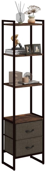 HOMCOM Industrial Bookcase 4-Tier Storage Shelf with 2 Fabric Drawers and Metal Frame for Living Room, Bedroom, Rustic Brown Aosom UK