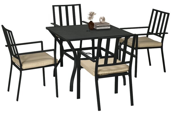 Outsunny 5-Piece Outdoor Dining Set with Cushions, Metal Table & 4 Stackable Chairs, Umbrella Hole, Black Aosom UK