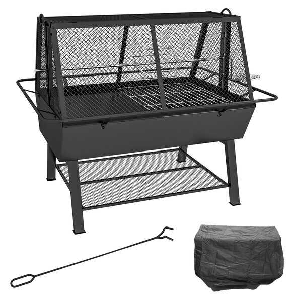 Outsunny 3-in-1 Charcoal Barbecue Grill, Rotisserie Roaster, Fire Pit with Storage Shelf and Mesh Lid