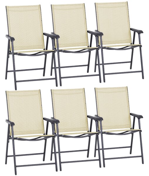 Outsunny Set of 6 Folding Garden Chairs, Metal Frame with Breathable Mesh Seat, Outdoor Patio Dining Chair, Beige Aosom UK
