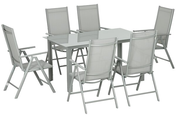 Outsunny 7 Piece Garden Dining Set, Outdoor Table and 6 Folding and Reclining Chairs, Aluminium Frame, Tempered Glass Top Table, Texteline Seats, Grey