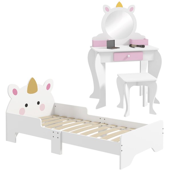 ZONEKIZ Unicorn Themed Children's Bedroom Set with Dressing Table, Mirror, Stool, and Toddler Bed Frame, 3-6 Years, Multicolour Aosom UK