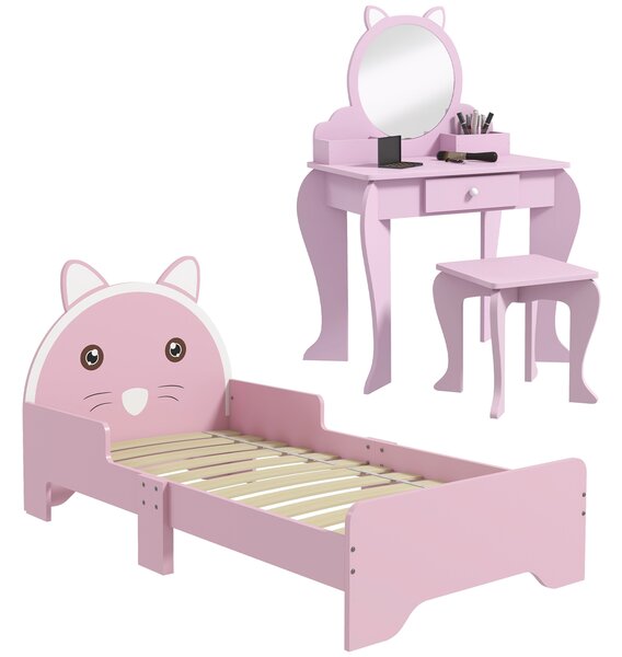 ZONEKIZ Wooden Children's Bedroom Set with Dressing Table, Stool, Bed, Cat Motif for Ages 3-6, Multicolour Aosom UK