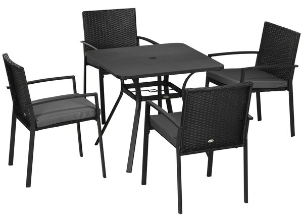 Outsunny 4 Seater Rattan Garden Furniture Set 5 Pieces Outdoor Dining Set with Cushions, Umbrella Hole - Black