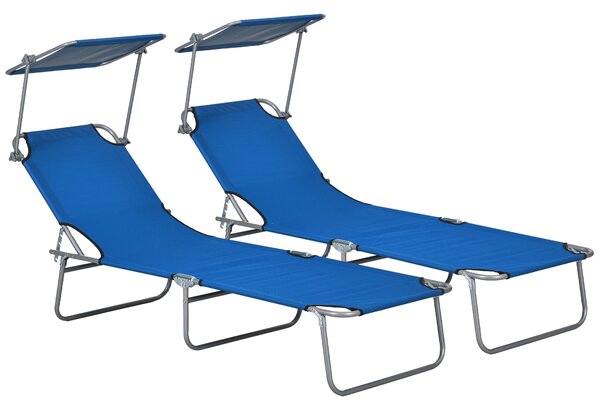 Outsunny Outdoor Foldable Sun Lounger Set of 2, 4 Level Adjustable Backrest Reclining Sun Lounger Chair w/ Angle Adjust Sun Shade for Beach Aosom UK
