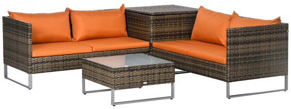 Outsunny 4pc Patio Furniture Set, Rattan Wicker Outdoor Corner Sofa Set with Love Seat, Table, Cushions, Orange Aosom UK