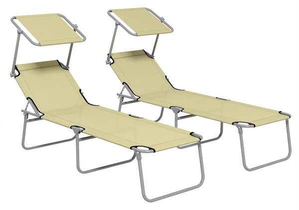 Outsunny Outdoor Foldable Sun Lounger Set of 2, 4 Level Adjustable Backrest, Reclining Chair with Angle Adjust Sun Shade Awning, Beige