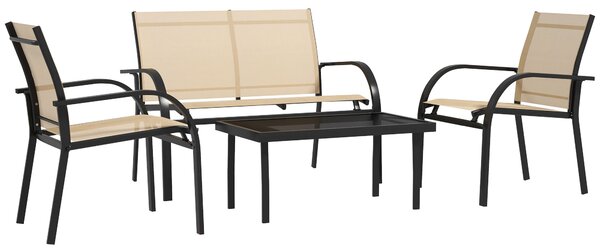 Outsunny 4 Pcs Curved Steel Outdoor Furniture Set w/ Loveseat, 2 Texteline Seats, Glass Top Table Garden Balcony Patio Furniture For Family Party Events Guests -Beige