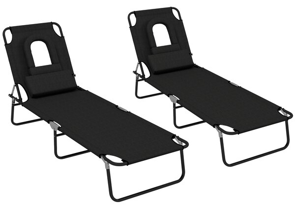 Outsunny Outdoor Foldable Sun Lounger Set of 2, 4 Level Adjustable Backrest Reclining Sun Lounger Chair with Pillow and Reading Hole, Black Aosom UK