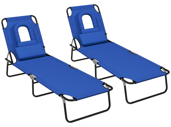 Outsunny Outdoor Foldable Sun Lounger Set of 2, 4 Level Adjustable Backrest Reclining Sun Lounger Chair with Pillow and Reading Hole, Blue Aosom UK