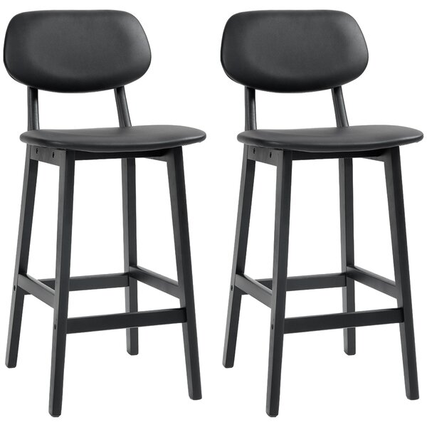 HOMCOM Bar Stools Set of 2, Modern Breakfast Bar Chairs, Faux Leather Upholstered Counter Bar Stool with Backs and Wood Legs, Black Aosom UK