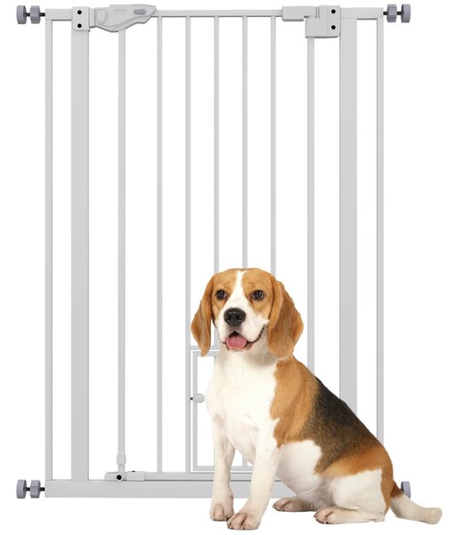 PawHut Extra Tall Pet Gate, Indoor Dog Safety Gate, with Cat Flap, Auto Close, 74-80cm Wide - White Aosom UK