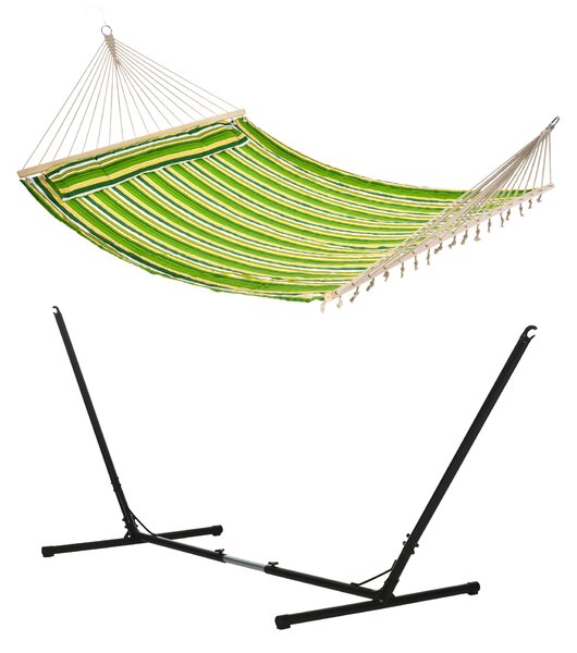 Outsunny Outdoor Garden Hammock with Stand, Double Cotton Hammock with Adjustable Steel Frame, Swing Hanging Bed with Pillow, for Garden Aosom UK