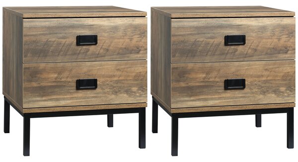 HOMCOM Retro Bedside Units: Metal Frame Side Tables with 2 Drawers, Set of 2, Coffee Tone Aosom UK