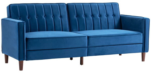 HOMCOM Modern Convertible Sofa Futon Velvet-Touch Tufted Couch Compact Loveseat with Adjustable Split Back, Blue Aosom UK