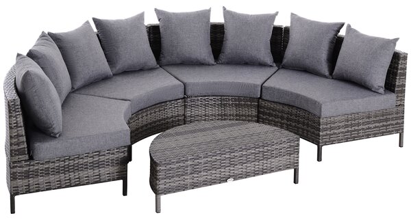 Outsunny Rattan Garden Furniture 4 Seaters Half-round Patio Outdoor Sofa & Table Set Wicker Weave Conservatory Cushioned Seat with Pillow - Grey
