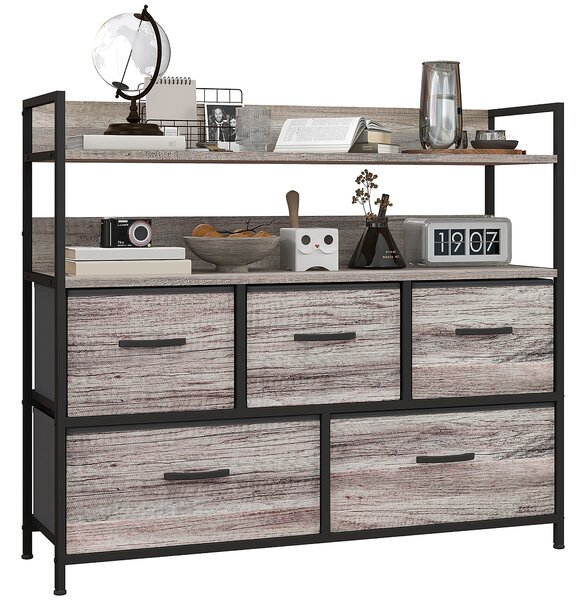HOMCOM Rustic Chest of Five Fabric Drawers - Grey Wood Effect Aosom UK