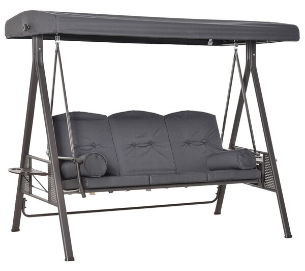 Outsunny 3 Seater Garden Swing Seat, Outdoor Hammock Bench with Adjustable Canopy, Cushions and Cup Trays, Steel Frame, Dark Grey Aosom UK