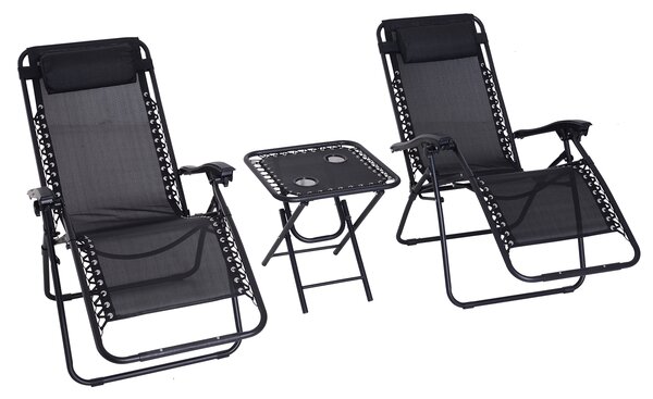 Outsunny 3-Piece Black Folding Table and Chairs Set with Cup Holders - Zero Gravity Reclining for Garden, Yard & Pool Aosom UK