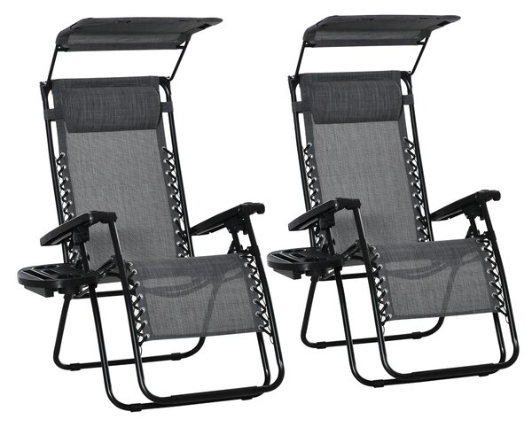 Outsunny 2 Piece Foldable Reclining Garden Chair with Headrest, Zero Gravity Deck Sun Lounger Seat Chair with Canopy Shade, Light Grey