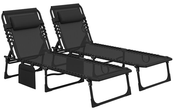 Outsunny Portable Sun Lounger Set of 2, Folding Camping Bed Cot with 5-position Adjustable Backrest, Side Pocket and Pillow, Black