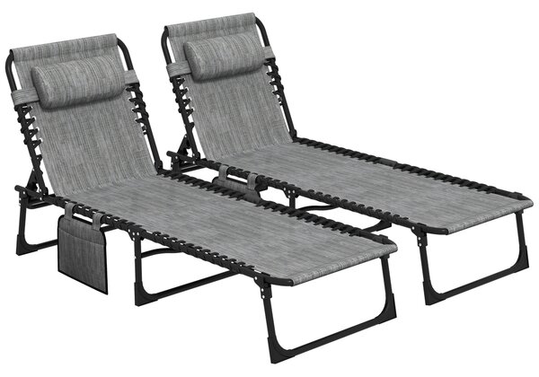 Outsunny Portable Sun Lounger Set of 2, Folding Camping Bed Cot, Reclining Lounge Chair 5-position Adjustable Backrest, Mixed Grey