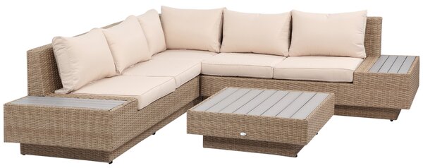 Outsunny 5-Seater Rattan Garden Furniture Outdoor Sectional Corner Sofa and Coffee Table Set Conservatory Wicker Weave w/ Armrest Cushions, Beige