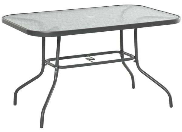 Outsunny Glass Top Garden Table Curved Metal Frame w/ Parasol Hole 4 Legs Outdoor Balcony Sturdy Friends Family Dining Table -Grey Aosom UK