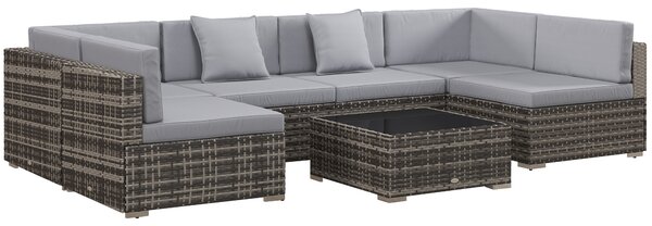 Outsunny 7 Pcs PE Rattan Garden Furniture Set w/ Thick Padded Cushion, Patio Corner Sofa Sets w/ Glass Coffee Table & Pillows, Mixed Grey