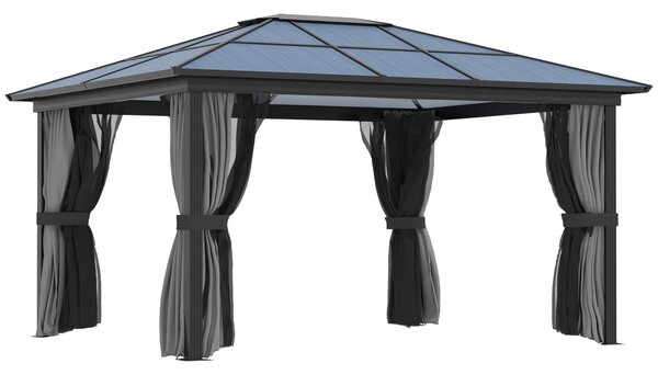 Outsunny 4 x 3.6m Hardtop Gazebo with UV Resistant Polycarbonate Roof & Aluminium Frame, Garden Pavilion with Mosquito Netting and Curtains Aosom UK