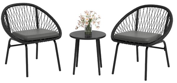 Outsunny 3 Piece Garden Furniture Set with Cushions, Round PE Rattan Bistro Set w/ 2 Armchairs & Metal Plate Coffee Table