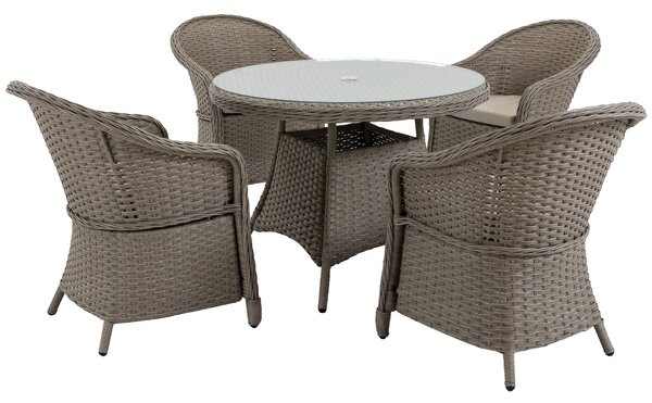 Outsunny 5 Pieces Outdoor Patio PE Rattan Dining Set, Four Seater Garden Furniture - 4 Chairs & Round Table w/ Umbrella Hole, Mixed Grey