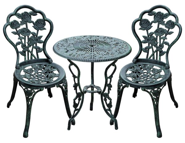 Outsunny Cast Aluminium Outdoor Patio Garden Bistro Elegant Design Table Chair Set - Green (3-Piece)