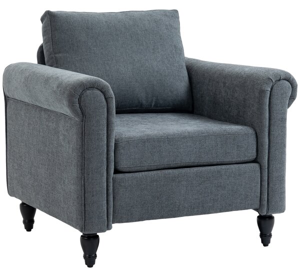 HOMCOM Vintage Accent Chair, Upholstered Occasional Chair with Back Pillow, Rolled Arms, Gourd-Shaped Rubber Wood Legs, Grey Aosom UK