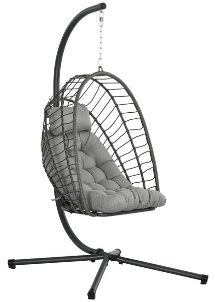 Outsunny Outdoor PE Rattan Swing Chair with Thick Padded Cushion, Foldable Basket Patio Hanging Chair with Metal Stand, Headrest