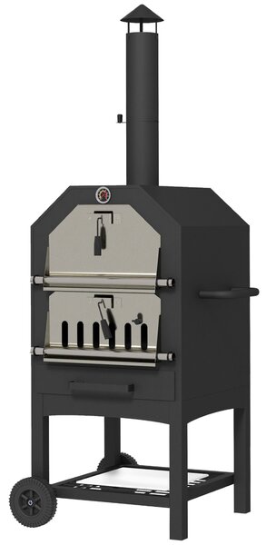 Outsunny Steel 3-Tier Outdoor Pizza Oven Charcoal BBQ Grill, Black