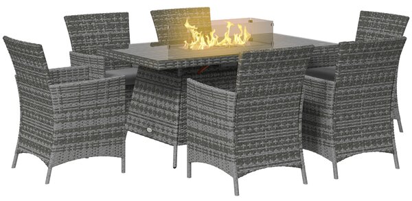 Outsunny 7 Pcs PE Rattan Dining Sets w/ Fire Pit Table, Garden Dining Set w/ Heater Table, Armchairs w/ Cushions, Glass Windscreen, 50,000 BTU, Grey