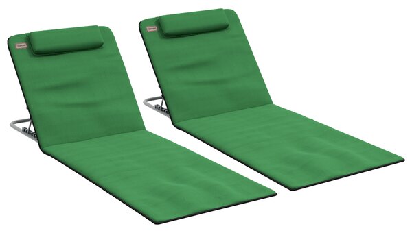 Outsunny Reclining Beach Duo: Metal Frame Loungers with PE Fabric, Includes Pillows, 2 Pieces, Green Aosom UK