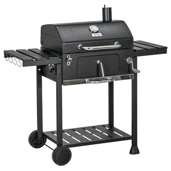 Outsunny Outddor Portable Charcoal BBQ Wide 120cm, with Pull-out Ash Catcher Side Hooks & Bottle Opener, Side & Bottom Shelves Aosom UK