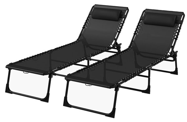 Outsunny Folding Sun Loungers, Pair of Beach Chaise Chairs, 4-Position Adjustable, Portable for Camping, Black