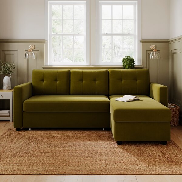 Barker Velvet Trundle Corner Chaise Sofa Bed Olive