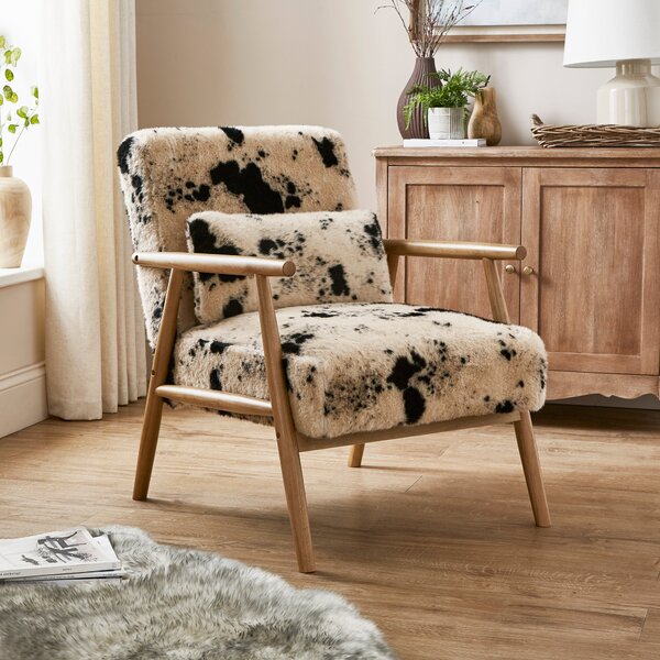 Alpine Cow Print Faux Fur Spindle Accent Chair Faux Cow Print Black and White