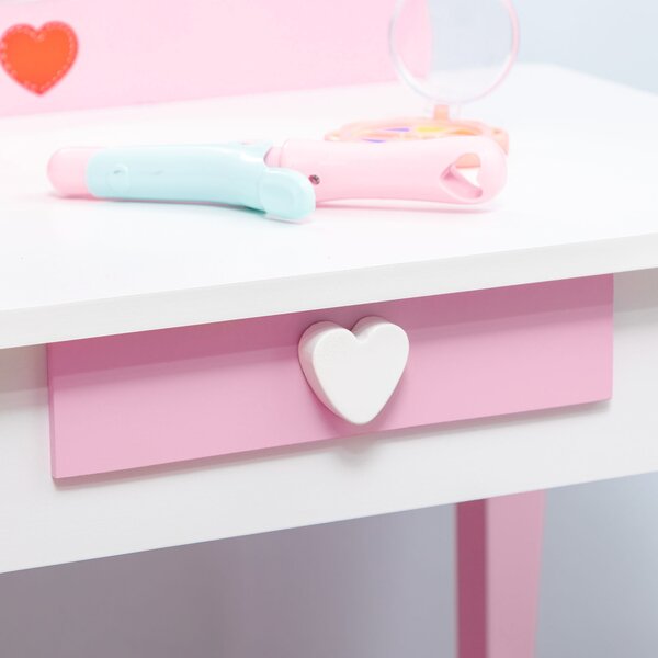 ZONEKIZ Pink Kids Vanity Set with Dressing Table, Mirror, Stool, Drawer, Cute Patterns, for 3-6 Years Old Aosom UK