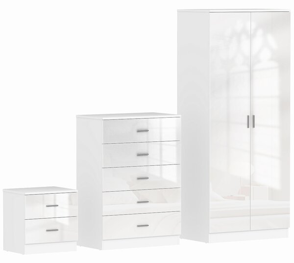 HOMCOM High Gloss 3 Piece Trio Bedroom Furniture Set Wardrobe + Chest Of Drawer + Bedside White