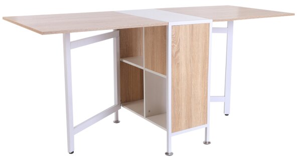 HOMCOM Foldable Drop Leaf Dining Table Folding Workstation for Small Space with Storage Shelves Cubes Oak & White