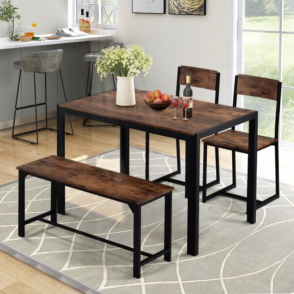 Industrial 4 Piece Dining Table and Chairs Set with Bench, Kitchen Dining Set with Steel Frame, Space Saving Design, 115x75x76 cm, Brown Aosom.UK