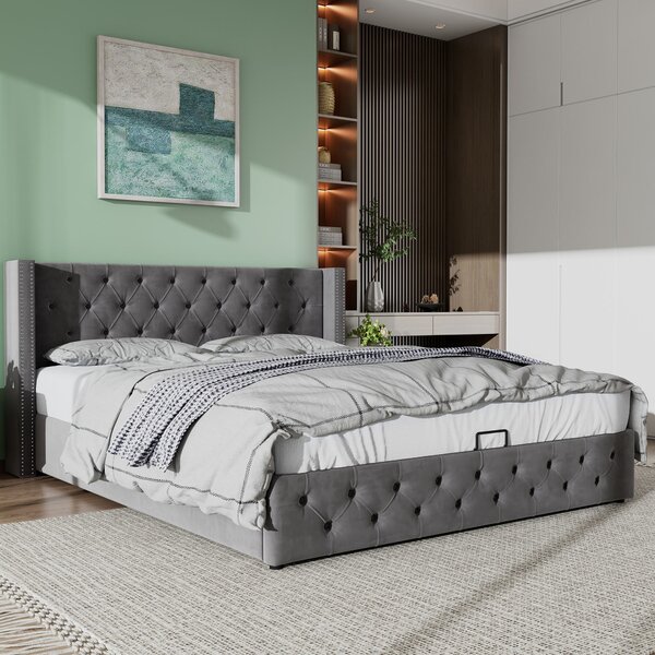 Velvet Fabric Upholstered Bed with Hydraulic Lever and Ample Storage, Functional Storage Bed Frame, without Mattress, 162x209x94.5 cm, Gray Aosom.UK